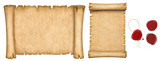 Set of old papers and vintage manuscript and papyrus scroll with wax seals isolated on white background.
