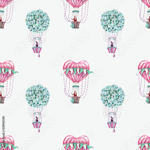 Watercolor illustration - seamless pattern with pink and mint balloons. © Anastassia