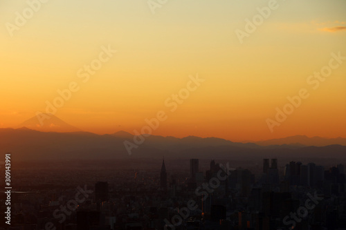 Beautiful city landscape looking view Fuji from Tokyo city in the sunrise or sundown colorful in the evening.