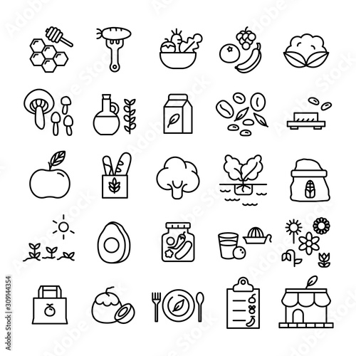 set of healthy eating icons editable stroke line. vegan food symbolic, sign and logo concepts. fruit and vegetable thin line icon set. healthy lifestyle, dieting food symbol ideas. 