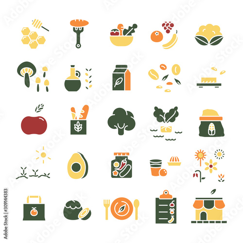 set of healthy eating icons. vegan food symbolic, sign and logo concepts. fruit and vegetable solid icon set. healthy lifestyle, dieting food symbol ideas. 