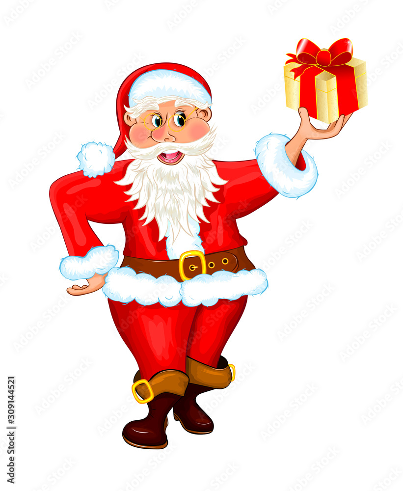 Santa Claus with a gift. Santa Claus holds a gift in his hand. Santa is isolated on a white background Santa Claus with a gift. Santa Claus holds a gift in his hand. Santa is isolated on a white background