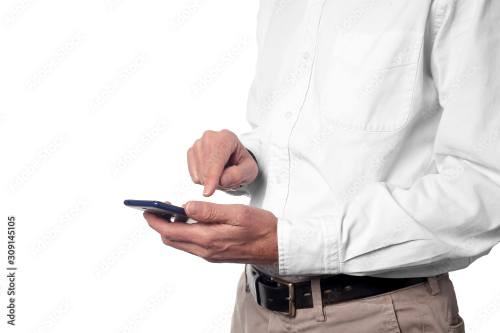 unrecognizable man digit on his smartphone isolated on white background with clipping path and copy space for your text unrecognizable man digit on his smartphone isolated on white background with clipping path and copy space for your text