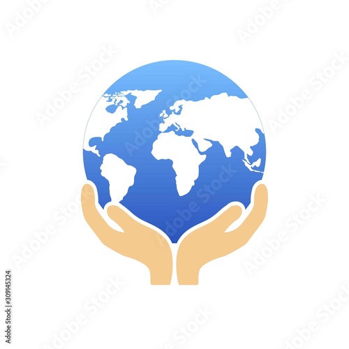 Vector planet Earth icon. Flat planet Earth in hands icon.