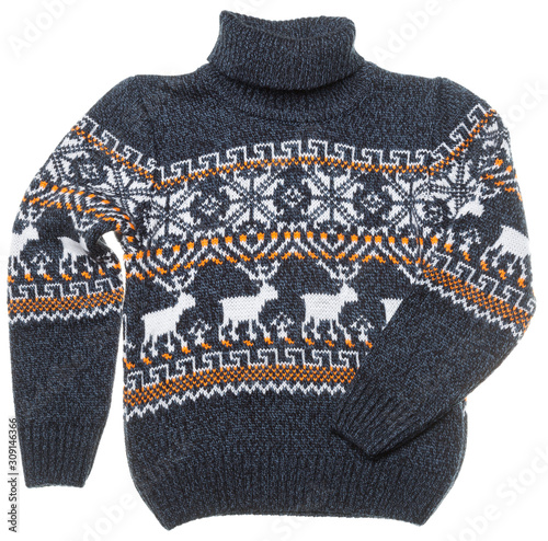 Childrens knitted Christmas turtleneck sweater on white background photo