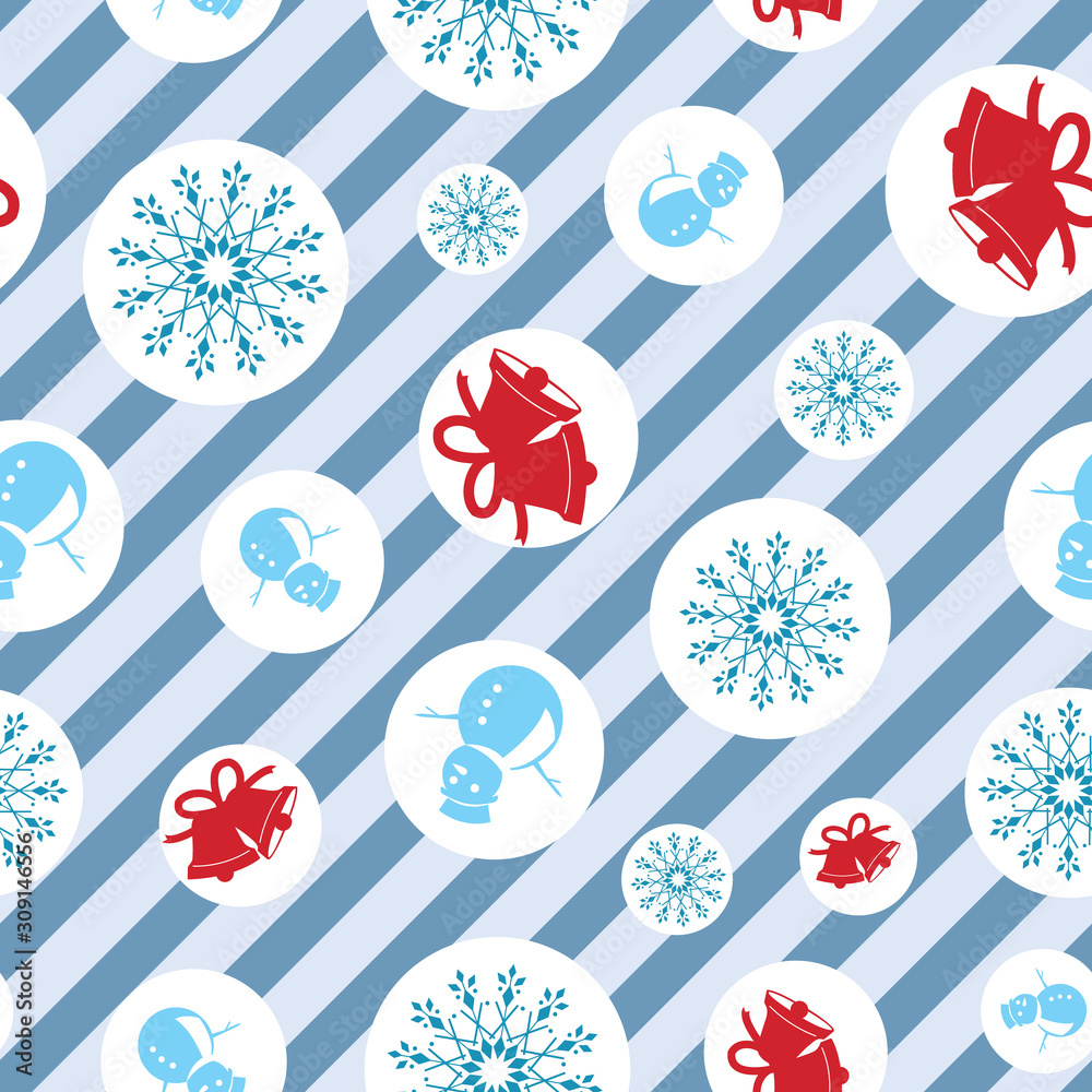 Seamless pattern for Christmas on blue stripes and circles