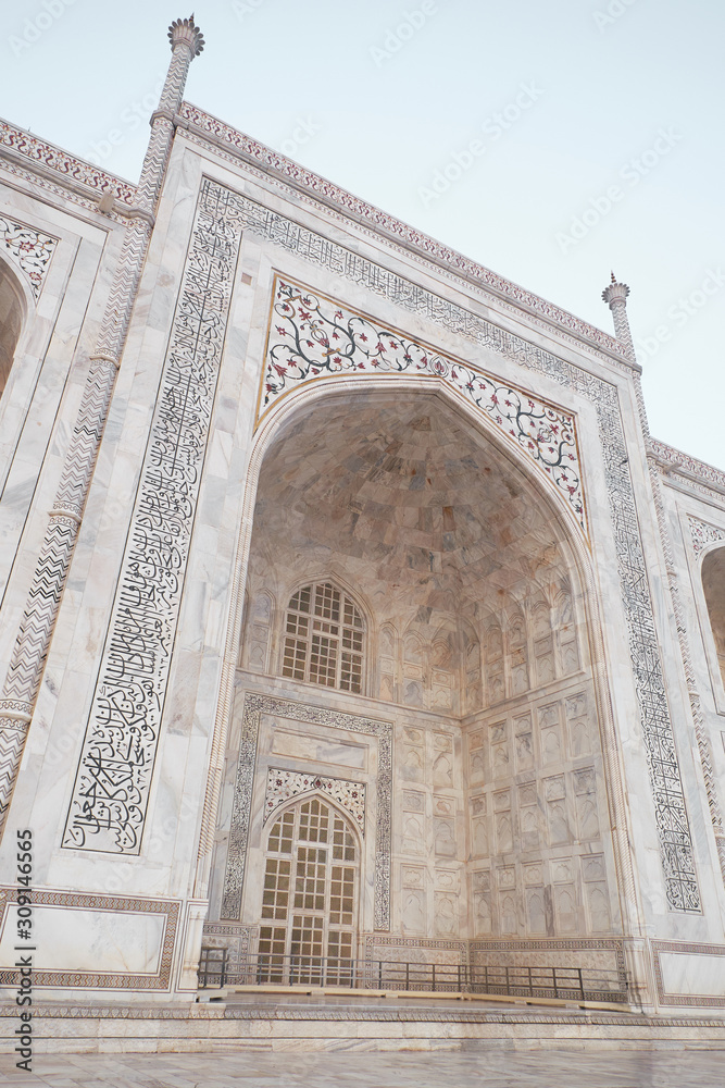 Taj Mahal side arch. Architecture of India. New wonder of the world