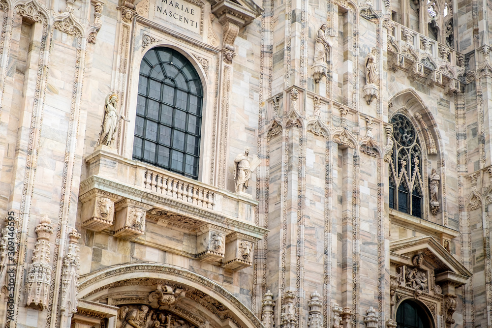  A detail picture of the facade of the Milan cathedral in Italy. 