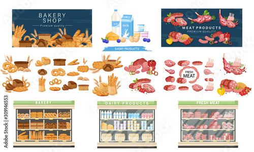 Supermarket meat store set bundle Vector flat style. Shopping food products. Sales template banners
