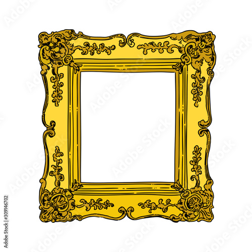 Vintage frame vector illustration on white background. Beautiful retro style golden picture frame