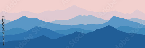 Fantasy on the theme of the morning landscape, sunrise in the mountains, panoramic view, vector illustration