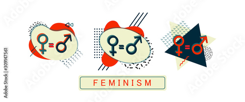 Set of banners on the theme of feminism. Flat geometric shapes in memphis style. Can be used in print design and web. Isolated on a white background.