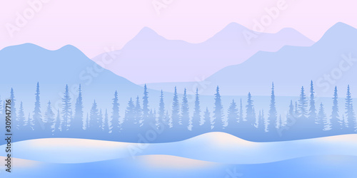 Fantasy on the theme of the winter landscape. Snow drifts, forest and mountains. Vector illustration, EPS10