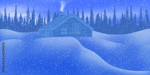 Fantasy on the theme of the winter landscape. Hut in the forest, snowing. Vector illustration, EPS10