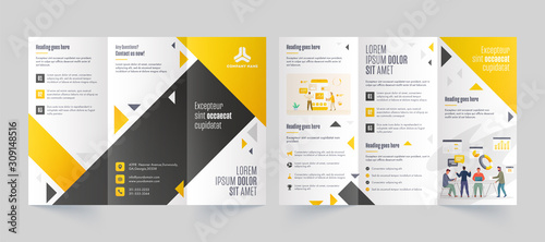 Tri-Fold Leaflet or Brochure layout with Business People Character and Infographic Elements in Font and Back View.