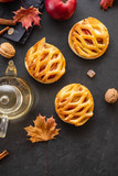 Homemade Apple pie or tart on autumn background. Autumn concept. Copy space.