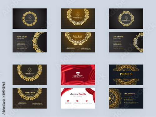 Front and Back View of Business Card or Visiting Card Design Set with Golden Motif and Red Curtain.