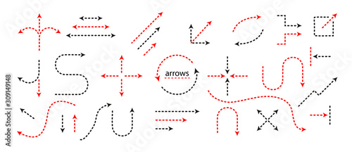 Big Set Arrows and directions signs. dotted line and arrow. Vector black and red isolated on white background. Easily edit the thickness of lines.