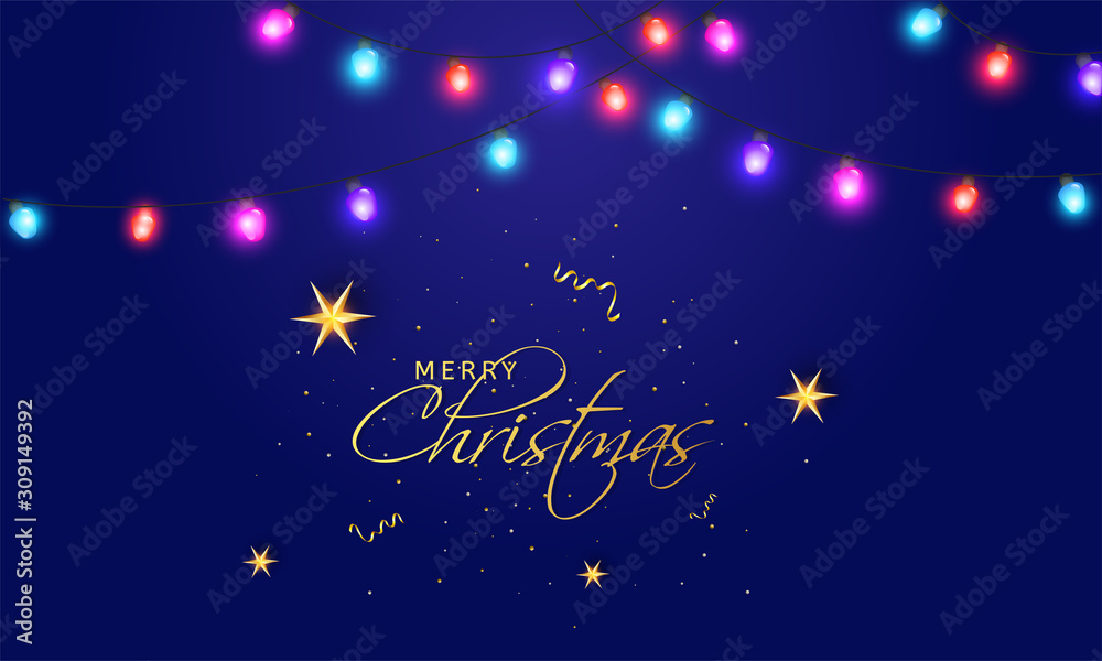 Golden Merry Christmas Calligraphy Font Text with Stars and Confetti on Blue Background Decorated with Illuminated Lighting Garland.