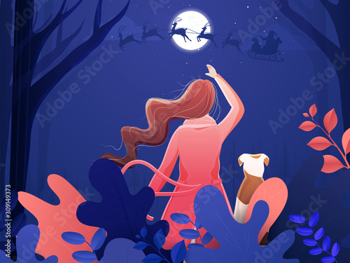 Back View of Young Lady with Dog looking at Santa Claus Riding Reindeer Sleigh on Beautiful Forest Moon Night purple Background.
