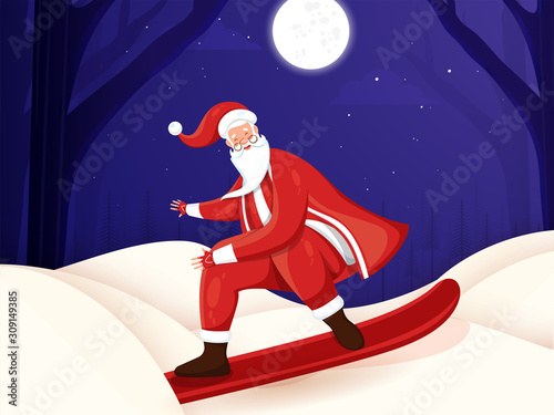 Cute Santa Skating on Winter Night Purple and White background.