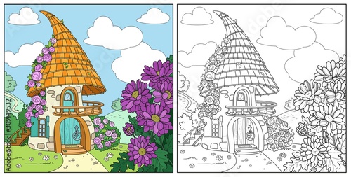 Summer fairytale home twined roses and balcony with stairs from the second floor and tiled roof color and outlined isolated on a white background