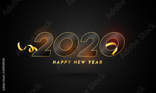 Happy New Year 2020 Text with Golden Ribbon on Black Background.