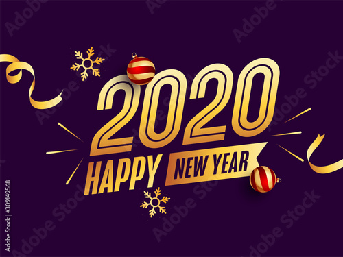 Golden Happy New Year 2020 Text with Baubles and Glittering Snowflakes on Purple Background.