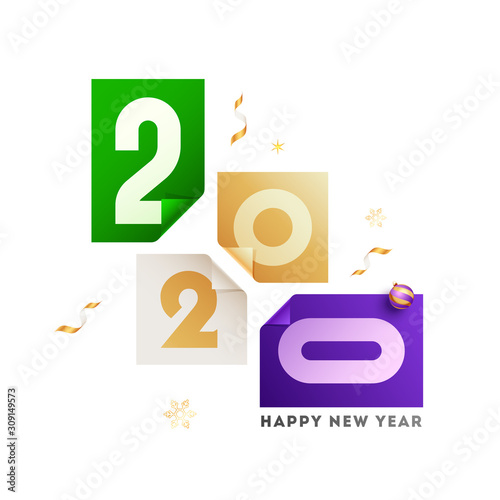 2020 Number in Different Color Paper Curl with Bauble and Snowflakes on White Background.