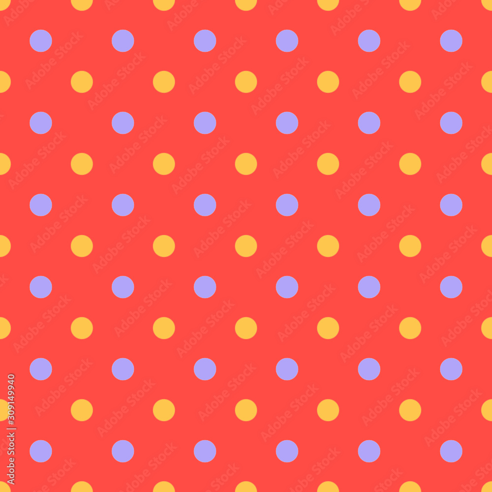 Seamless pattern, red texture or background with orange and blue polka dots on red background