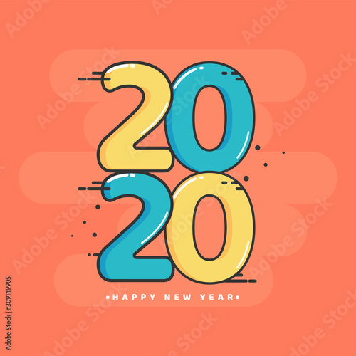 Flat Style Yellow and Blue 2020 Text on Orange Background.