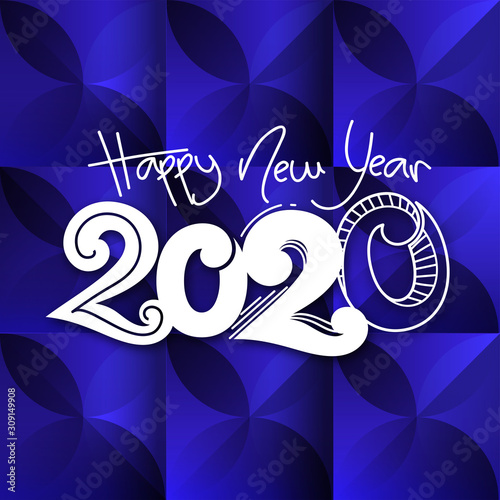 Creative White Happy New Year Text on Blue Square Shape Floral Abstract Pattern Background