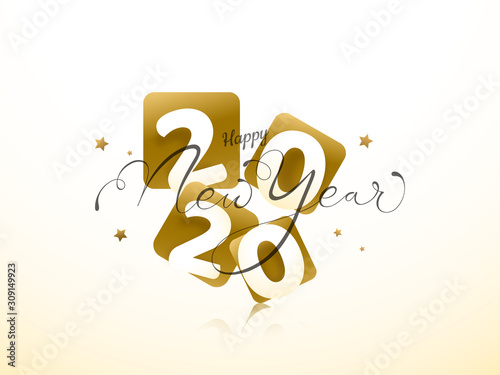 2020 Text in Golden Square Shape with Stars on White Background for Happy New Year Celebration.