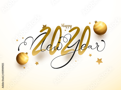 Happy New Year 2020 Text Decorated with Golden Baubles and Stars on White Background.