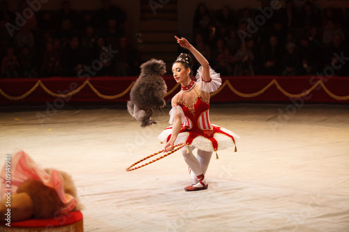 performance of a dog trainer in a circus. photo