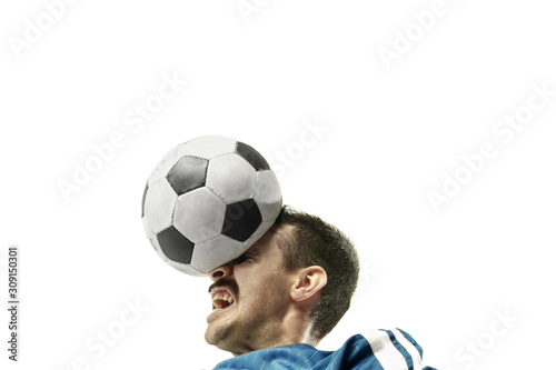 Close up of emotional caucasian man playing soccer hitting the ball with the head on isolated white background. Football, sport, facial expression, human emotions, healthy lifestyle concept. Copyspace