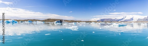 Panoramic pictures over Joekularson glacier lagoon with frifting iceberg in summer photo