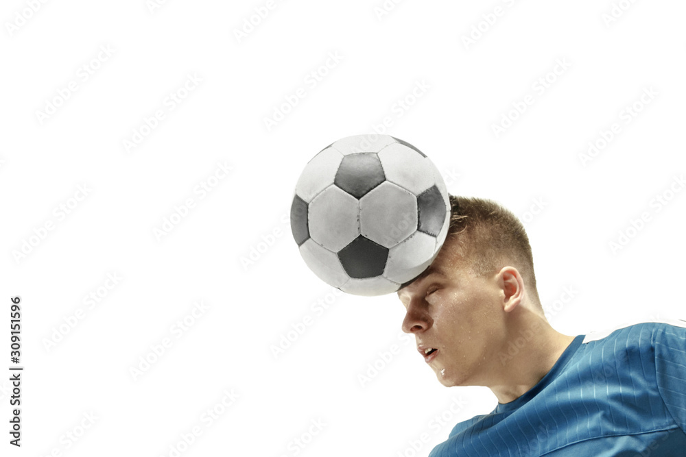 Close up of emotional caucasian man playing soccer hitting the ball with the head on isolated white background. Football, sport, facial expression, human emotions, healthy lifestyle concept. Copyspace
