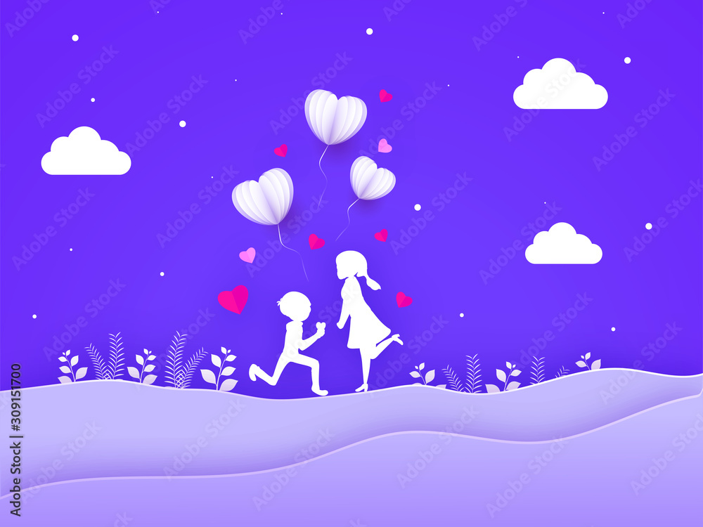 White Silhouette of Cute Boy Proposing Girl and Origami Heart Shaped Balloons and Clouds on Purple Paper Cut Wavy Background. White Silhouette of Cute Boy Proposing Girl and Origami Heart Shaped Balloons and Clouds on Purple Paper Cut Wavy Background.