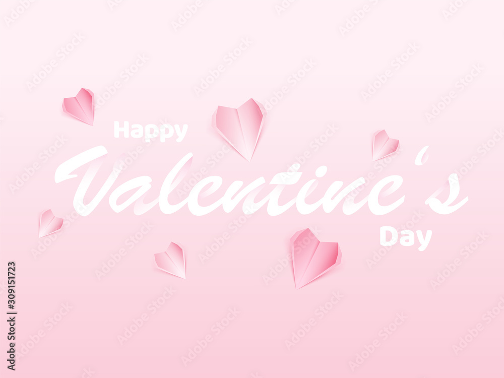 Happy Valentine's Day Text in White Paper Cut Style Decorated with Origami Hearts on Pink Background.