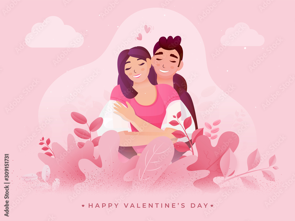 Loving Couple Character Sitting on Pink Nature View Background for Happy Valentine's Day Celebration.