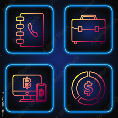 Set line Coin money with dollar symbol, Computer monitor with mobile phone and bitcoin, Address book and Briefcase. Gradient color icons. Vector