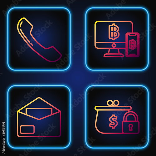 Set line Closed wallet with lock, Envelope, Telephone handset and Computer monitor with mobile phone and bitcoin. Gradient color icons. Vector