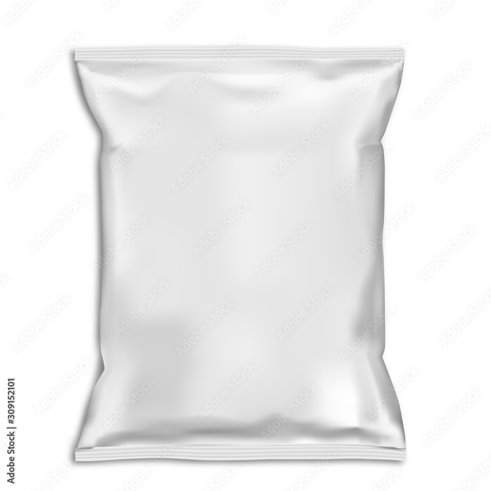 Snack bag pillow pouch mock up. White food pack blank. Foil sachet vector  template isolated on backaground. Plastic polythene closed 3d container  ready for advertising. Potato chip packet Stock Vector | Adobe