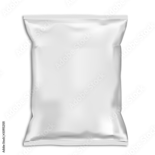 Snack bag pillow pouch mock up. White food pack blank. Foil sachet vector template isolated on backaground. Plastic polythene closed 3d container ready for advertising. Potato chip packet