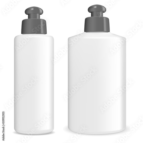 Cosmetic lotion 3d blank. Shampoo bottle package mockup. Gel tube template. Body milk beauty container. Realistic shiny pack. Bath shower perfume pack. Merchandise packaging mock up