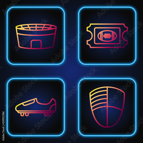 Set line Football club logo template, Soccer or football shoes with spikes, Football stadium and American Football ticket. Gradient color icons. Vector