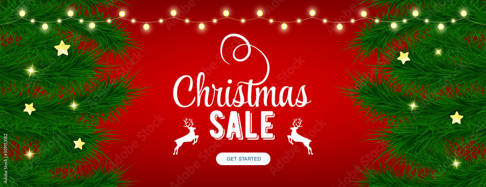 Christmas sale red banner in beautiful style. Vector label tag. Vector business. Red background. Christmas celebration. Banner template. Season sale vector label. Fir and light. Christmas sale red banner in beautiful style. Vector label tag. Vector business. Red background. Christmas celebration. Banner template. Season sale vector label. Fir and light.