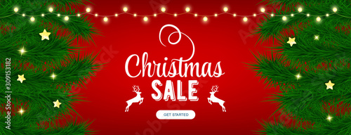 Christmas sale red banner in beautiful style. Vector label tag. Vector business. Red background. Christmas celebration. Banner template. Season sale vector label. Fir and light.