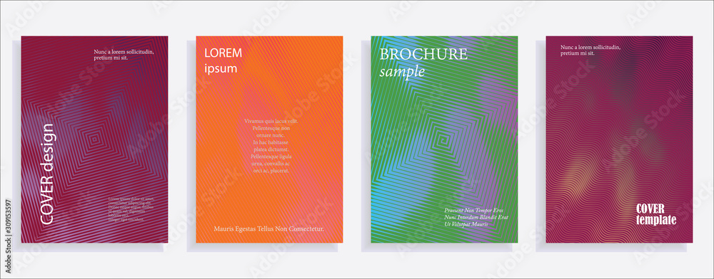 Minimalistic cover design templates. Set of layouts for covers of books, albums, notebooks, reports, magazines. Line halftone gradient effect, flat modern abstract design. Geometric mock-up texture